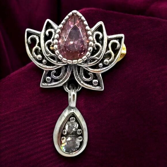 Lotus Flower Charm S925 Sterling Silver Purple Dangle Bracelet Bohemian Tribal - Picture 1 of 5